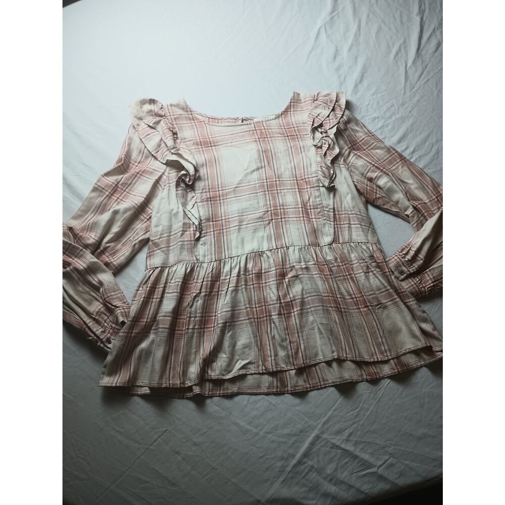 Loft Burnt Orange Plaid Blouse Top Shirt Ruffle Baby Doll Women Size MP‎